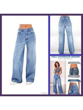 Wide Leg Baggy High Waist Stretch Boyfriend Denim Jeans Pants